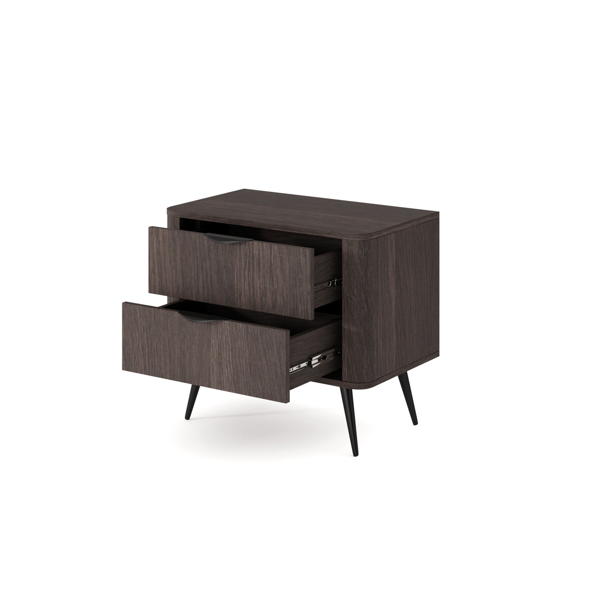 Szafka nocna z 2 szufladami 63x55 cm w stylu soft loft – zaoblone boki, dąb Dunin, metalowe nogi | Velia