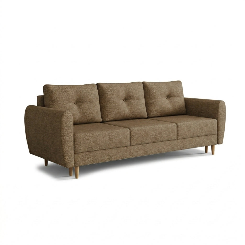 Sofa Harmi 235 cm Kaffeeschiefer (SAWANA 03) – Dreisitzer-Sofa mit Bettkasten auf Buchenholzbeinen