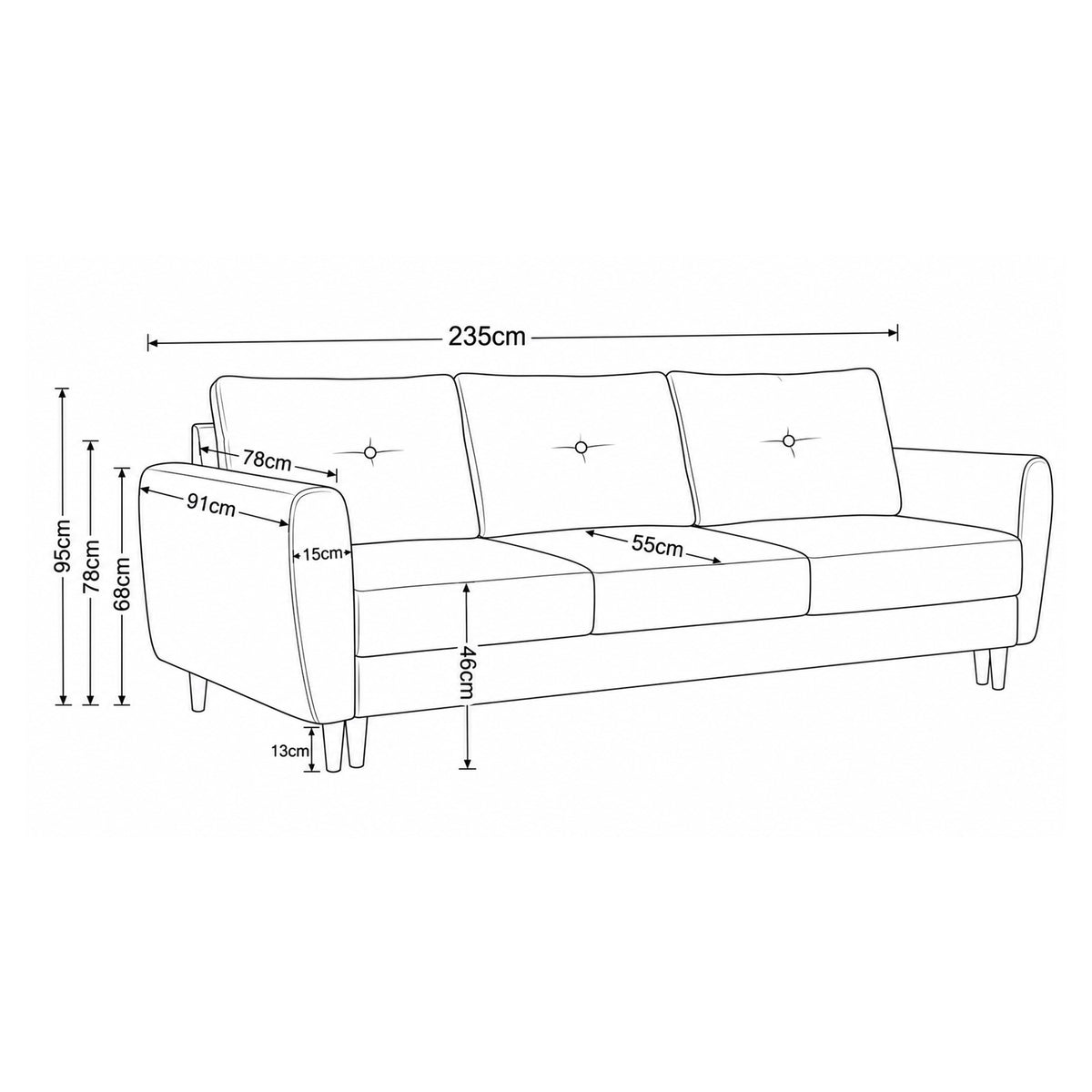 Sofa Harmi 235 cm – Maßzeichnung mit Breite, Tiefe, Höhe der Sitzfläche und der Beine