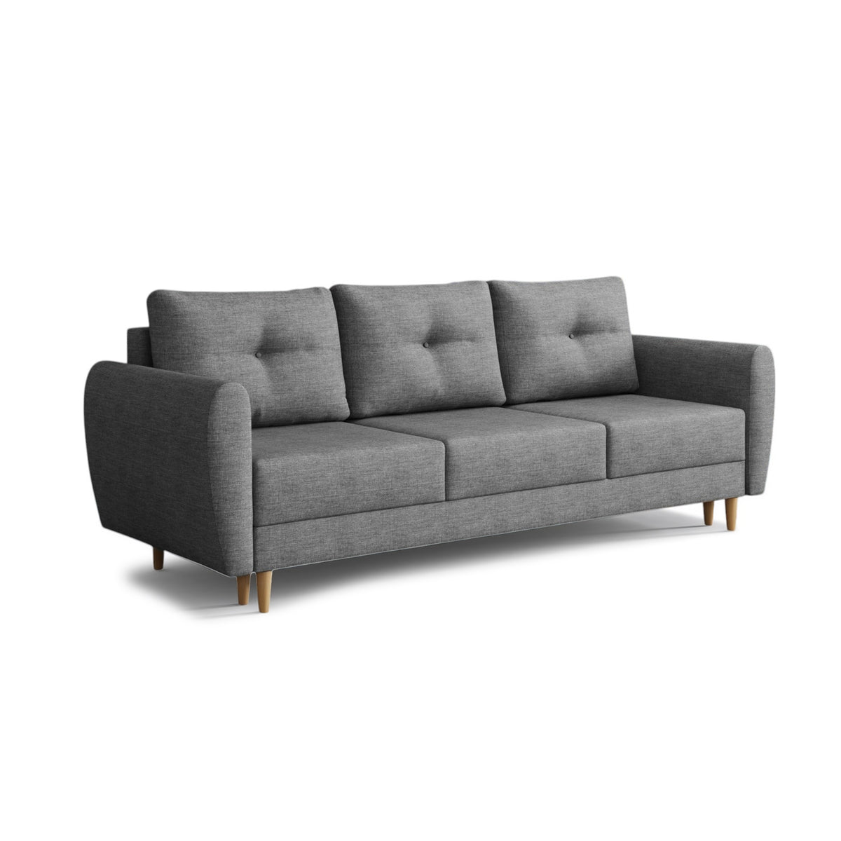 Sofa Harmi 235 cm Silbernebel (SAWANA 05) – Sofa mit Schlaffunktion und drei gesteppten Kissen, Schrägansicht