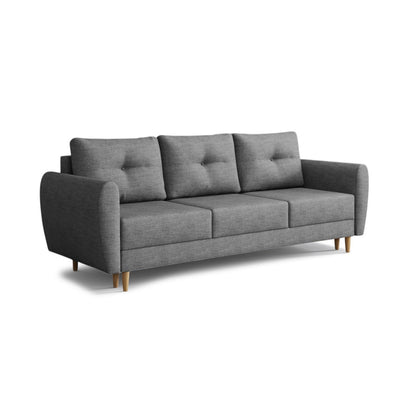 Sofa Harmi 235 cm Silbernebel (SAWANA 05) – Sofa mit Schlaffunktion und drei gesteppten Kissen, Schrägansicht
