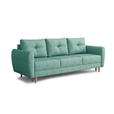 Sofa Harmi 235 cm Silbriger Beton (SAWANA 29) – Dreisitzer-Sofa mit Bettkasten auf Buchenholzbeinen