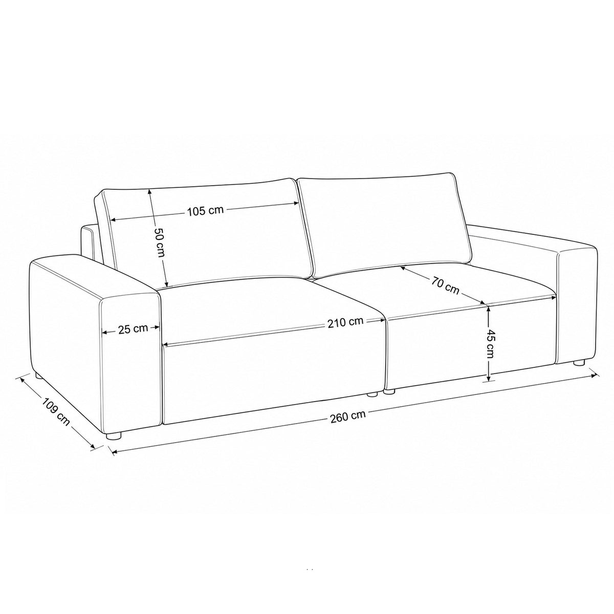 Modulsofa Iskeli 260 cm – Maßzeichnung mit Breite, Tiefe, Sitzfläche und Rückenkissen
