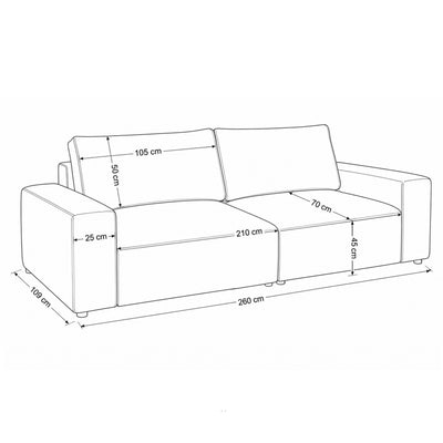 Modulsofa Iskeli 260 cm – Maßzeichnung mit Breite, Tiefe, Sitzfläche und Rückenkissen