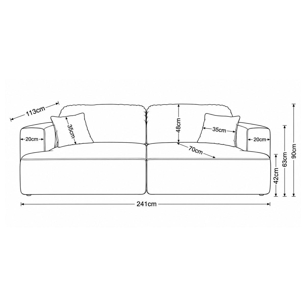 Sofa Senvali 241 cm – Maßzeichnung mit Breite, Höhe, Tiefe sowie Maßen von Sitzfläche und Armlehnen