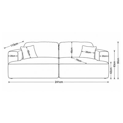 Sofa Senvali 241 cm – Maßzeichnung mit Breite, Höhe, Tiefe sowie Maßen von Sitzfläche und Armlehnen