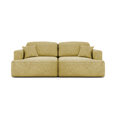 Sofa Senvali 241 cm Golden Sepia (CLOUD 32) – Velours-Sofa mit Schlaffunktion und Dekokissen, Ansicht von vorne