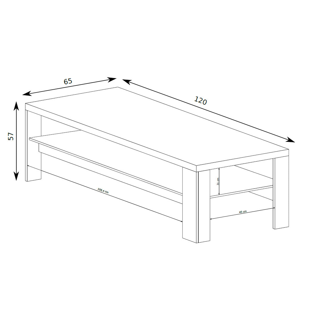 Couchtisch Korin 120x57 – Maßzeichnung mit Breite, Höhe und Tiefe