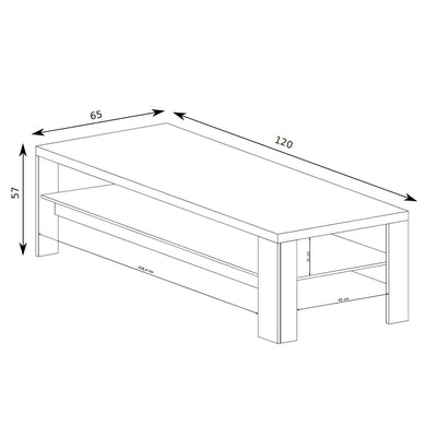 Couchtisch Korin 120x57 – Maßzeichnung mit Breite, Höhe und Tiefe