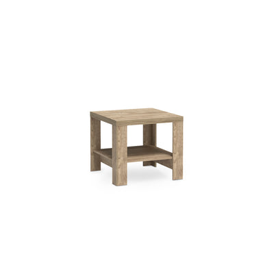 Couchtisch Korin 65x57 in Eiche – quadratischer Couchtisch mit unterer Ablage auf vier Beinen, Schrägansicht