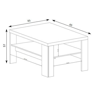 Couchtisch Korin 65x57 – Maßzeichnung mit Breite, Höhe und Tiefe