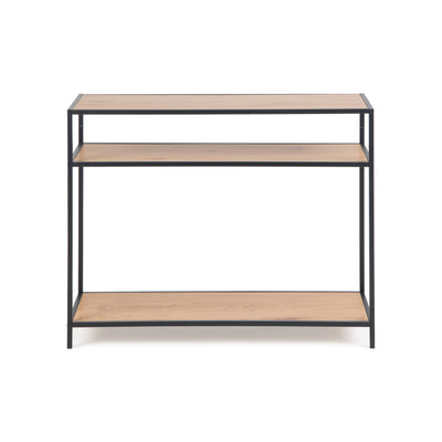 Konsolentisch Skeleto 100x79 Wilde Eiche, Vorderansicht – drei Ebenen: Tischplatte, mittleres Regal und unteres Regal