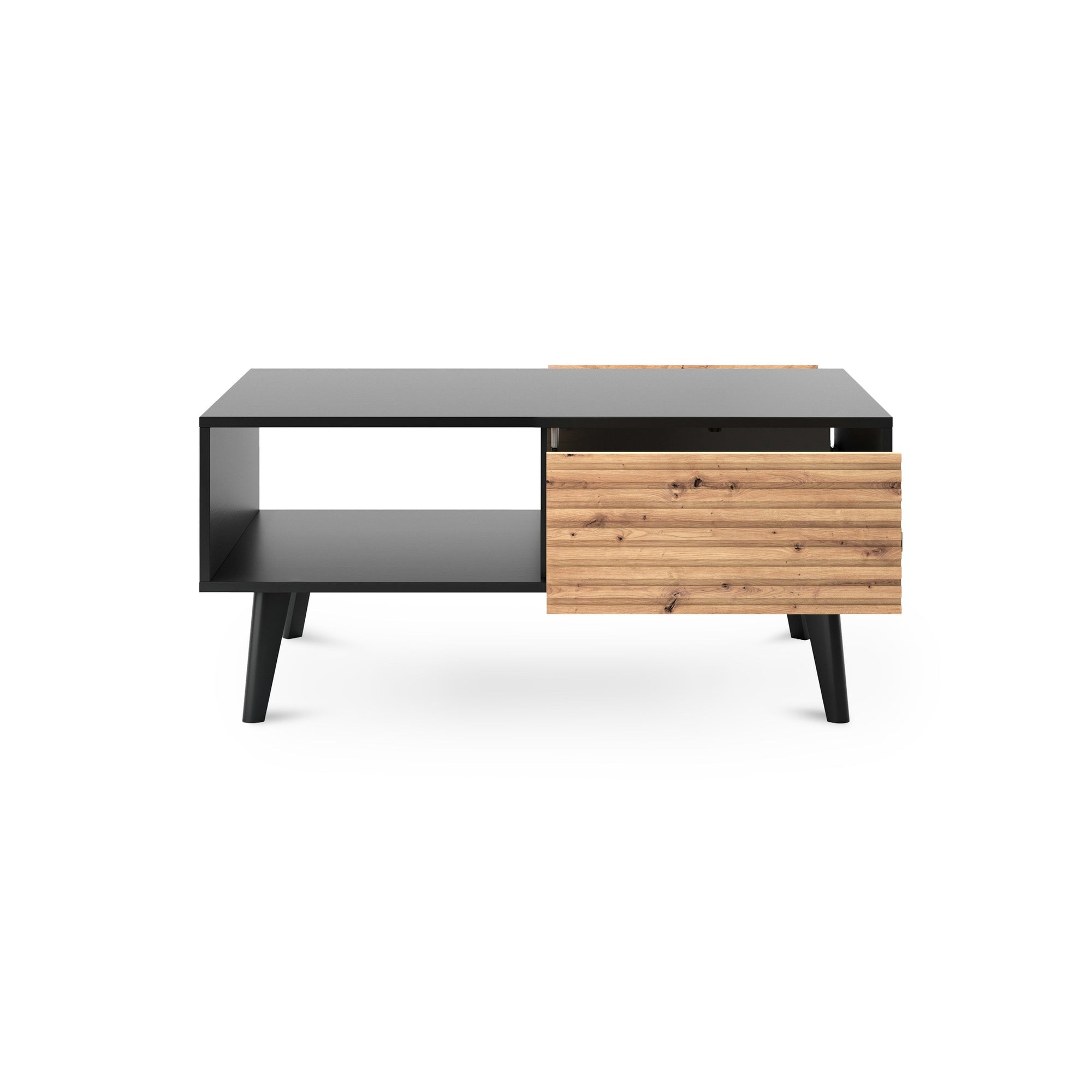 Stolik kawowy 104x48 z szufladą w stylu loftowym – dąb Artisan/czarny, push to open, ryflowany front | Las