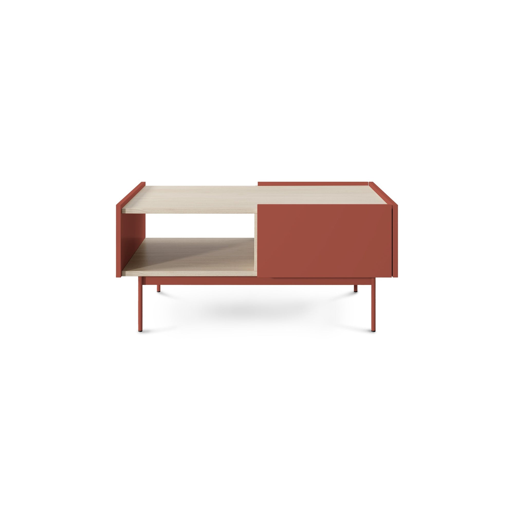 Stolik kawowy 97x45 w stylu nowoczesnym z szufladą i półką – dąb linea, metalowe nogi | Bema