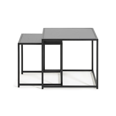 Skeleto-Tische 50x45, schwarze Melaminbeschichtung an den Seiten – Tischplatten in der Farbe „schwarze Esche“ auf einem Stahlgestell