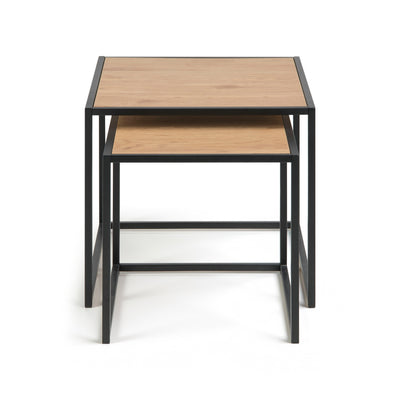 Skeleto-Tische 50x45 „Wilde Eiche“ auf der Vorderseite – ein kleinerer Tisch, der unter einen größeren geschoben wird, Set aus quadratischen Tischen