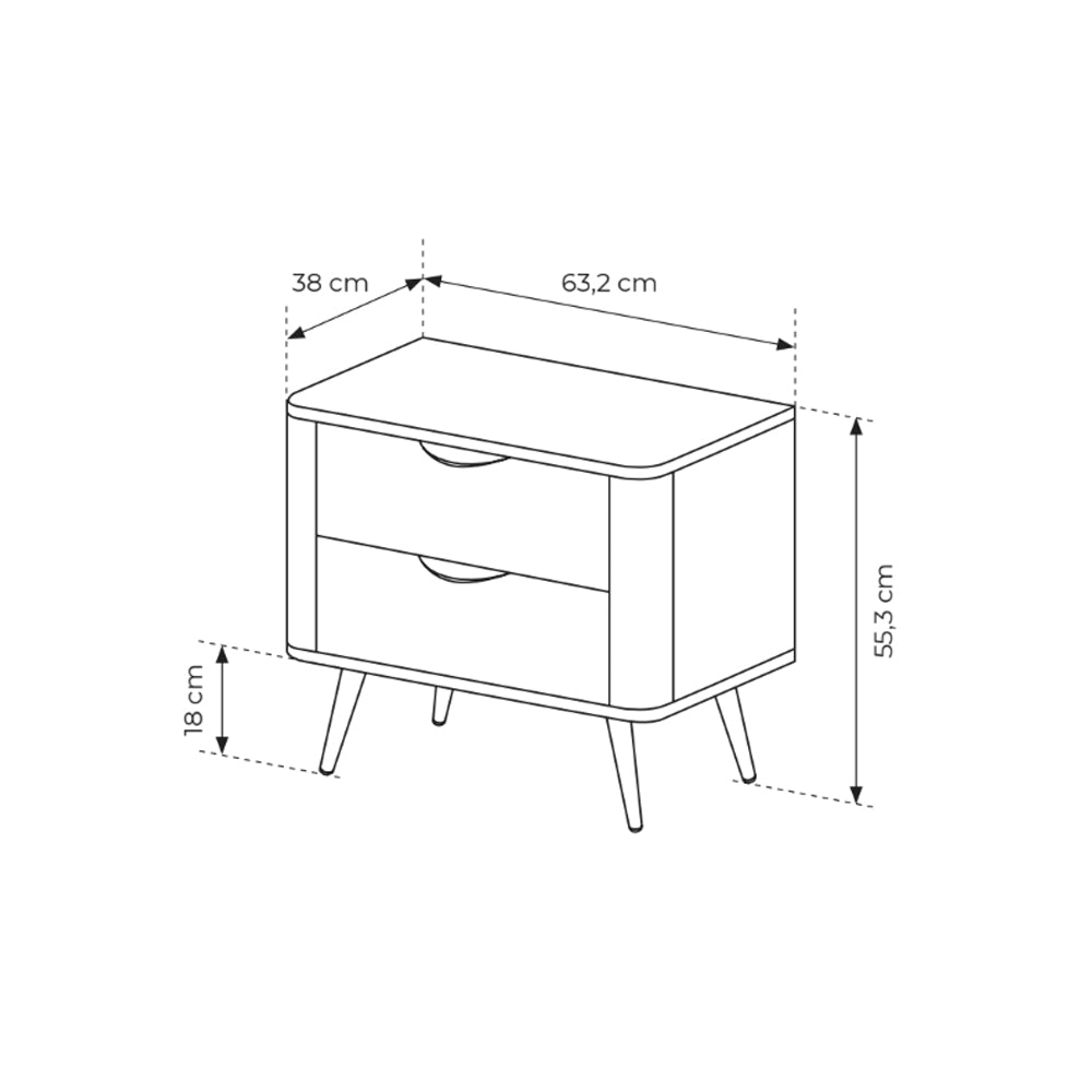 Szafka nocna z 2 szufladami 63x55 cm w stylu soft loft – zaoblone boki, dąb Dunin, metalowe nogi | Velia