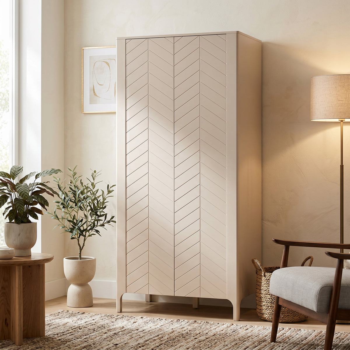 Kleiderschrank EKLIPSO 90x197 mit Fischgrättüren im modernen Stil, Farbe Kaschmir – im Interieur | Pillovely