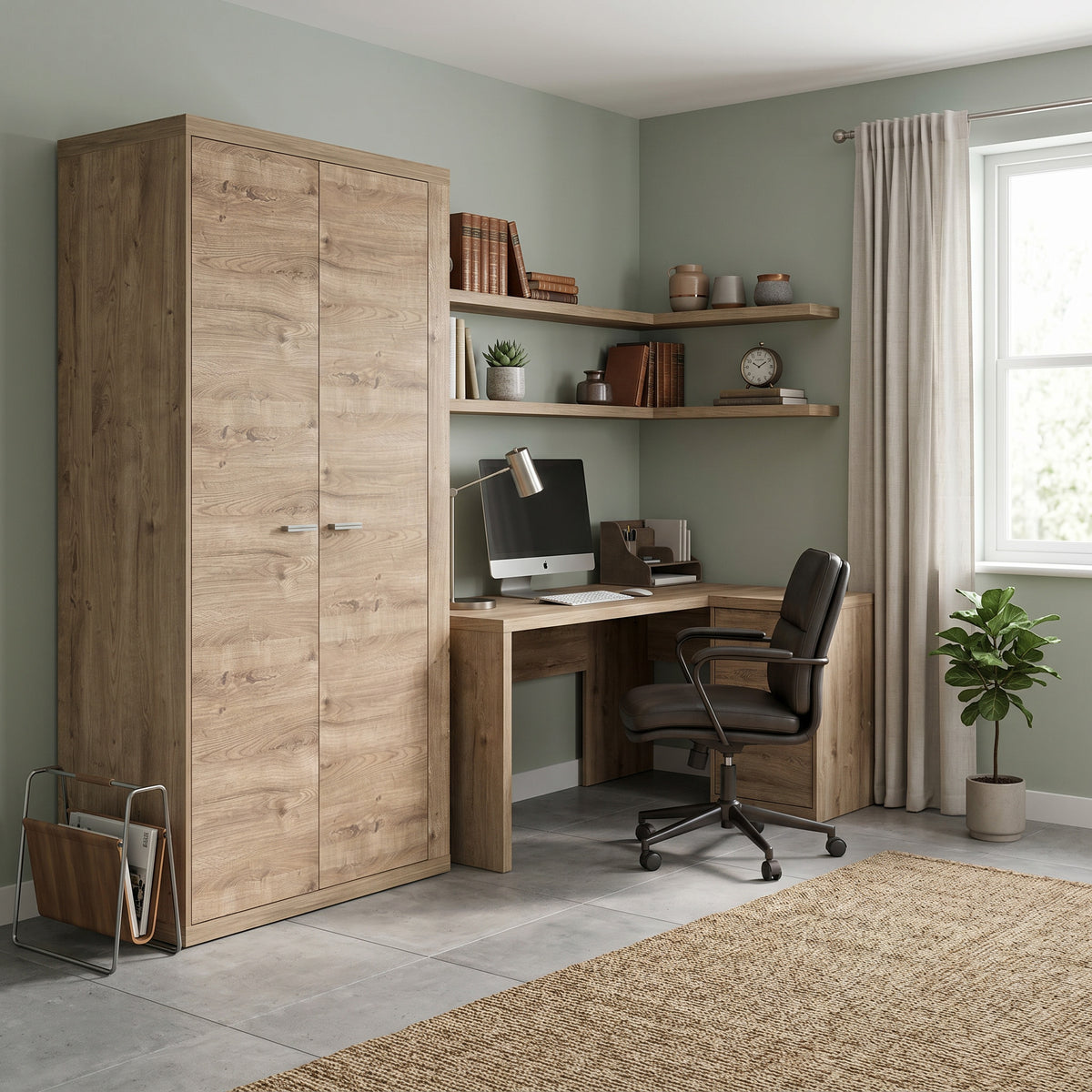 Kleiderschrank Korin 201x102 im Homeoffice mit grüner Wand, neben Schreibtisch und Pflanze – Kleiderschrank im Boho-Stil