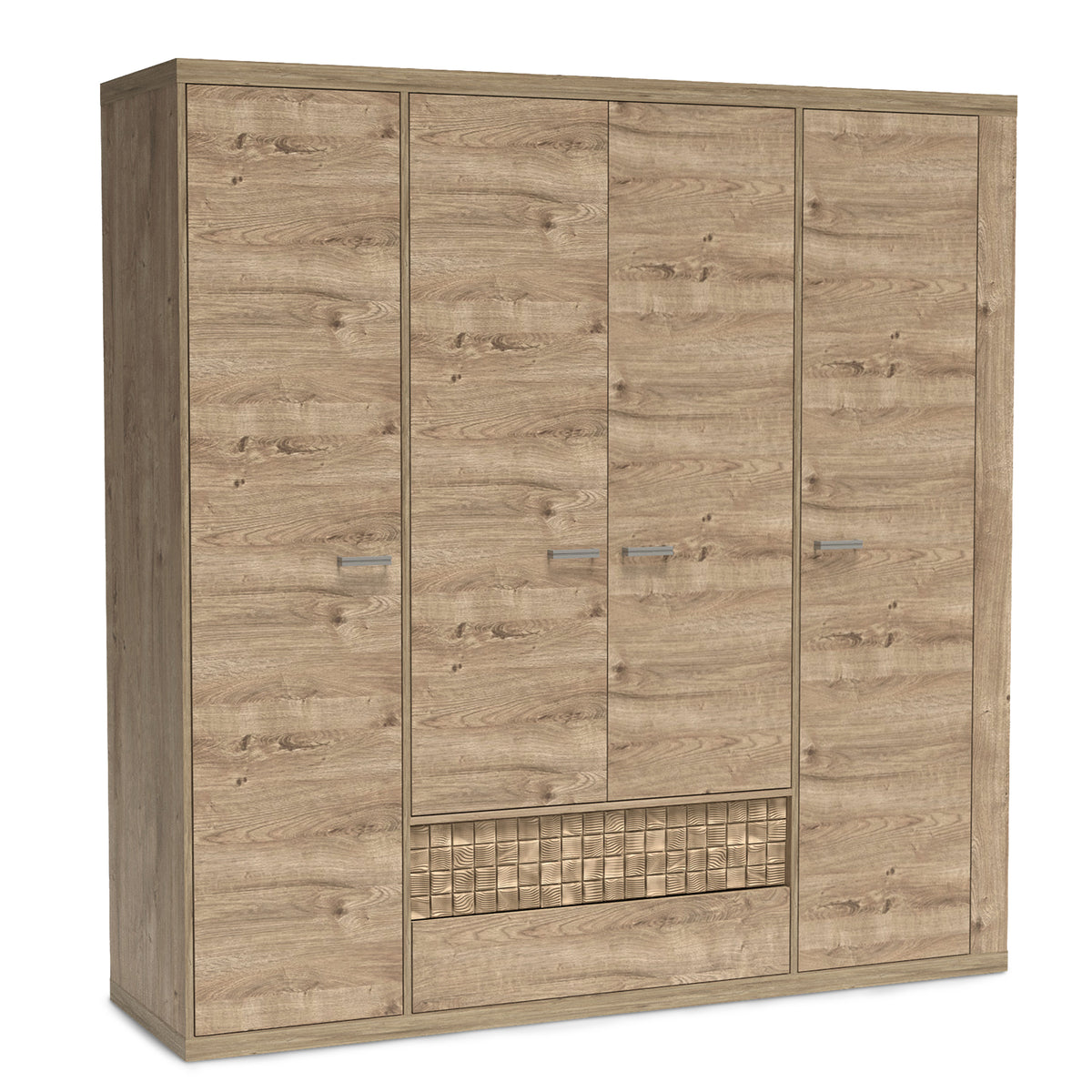 Kleiderschrank Korin 201x196 in Eiche – viertüriger Kleiderschrank mit Schubladen und geriffelter Front, Schrägansicht