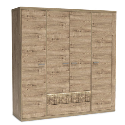 Kleiderschrank Korin 201x196 mit LED – warmes Licht über der Dekorfront, Kleiderschrank mit LED-Beleuchtung
