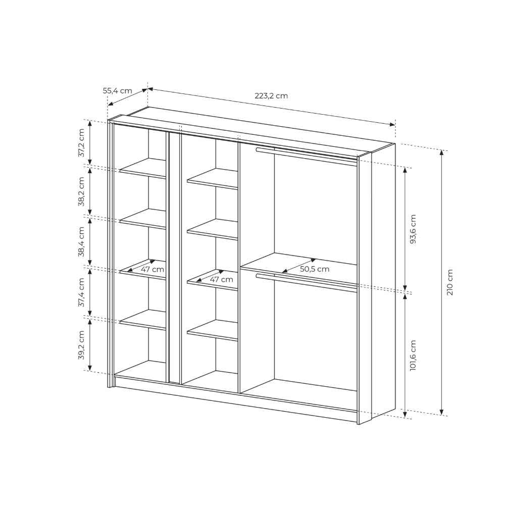 Szafa 4-drzwiowa 223x210 cm w stylu minimalistycznym – z lustrem, pojemne wnętrze, bezuchwytowe fronty | Dust