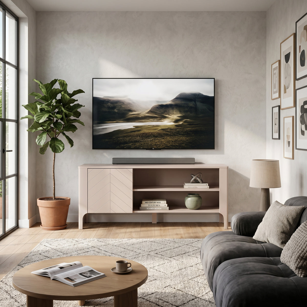 TV-Schrank EKLIPSO 135x57 mit offenem Fach im modernen Stil, Farbe Kaschmir – im Interieur | Pillovely