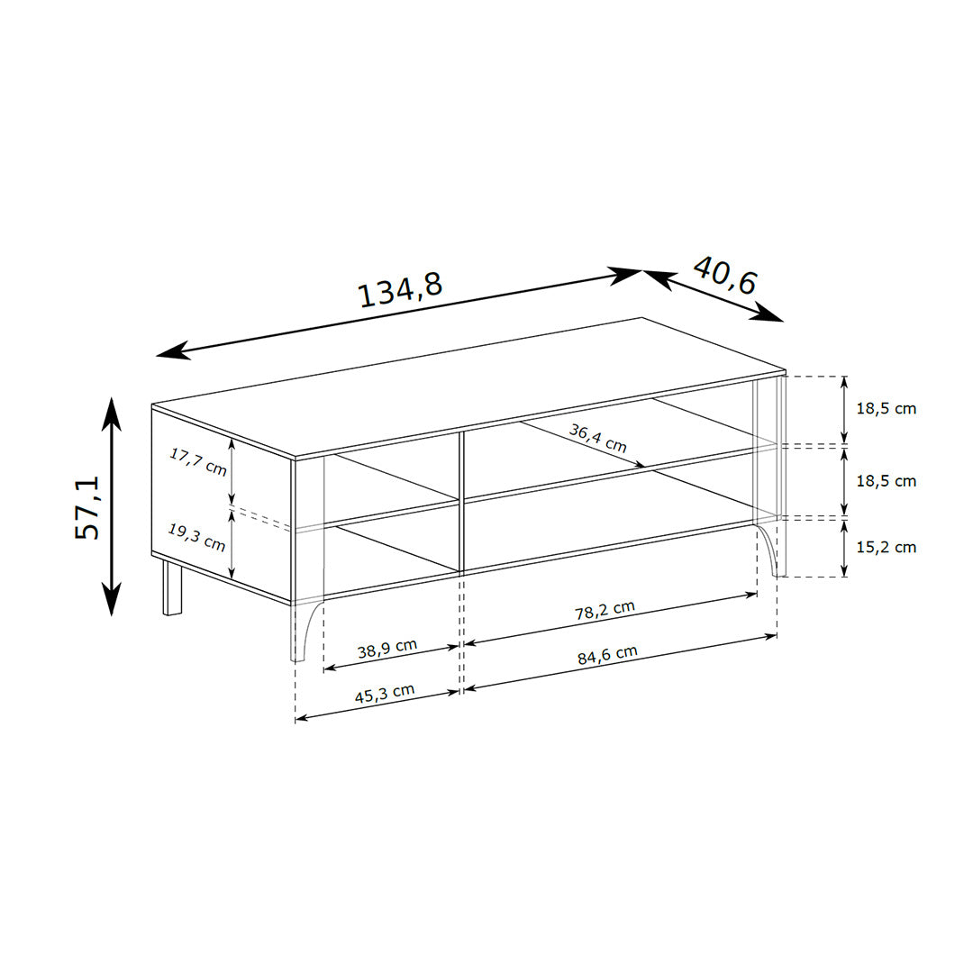 TV-Schrank EKLIPSO 135x57 mit offenem Fach im modernen Stil – Maßzeichnung | Pillovely