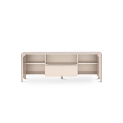 TV-Schrank EKLIPSO 160x57 mit Fischgrätfronten im modernen Stil, Farbe Kaschmir – geöffnet | Pillovely