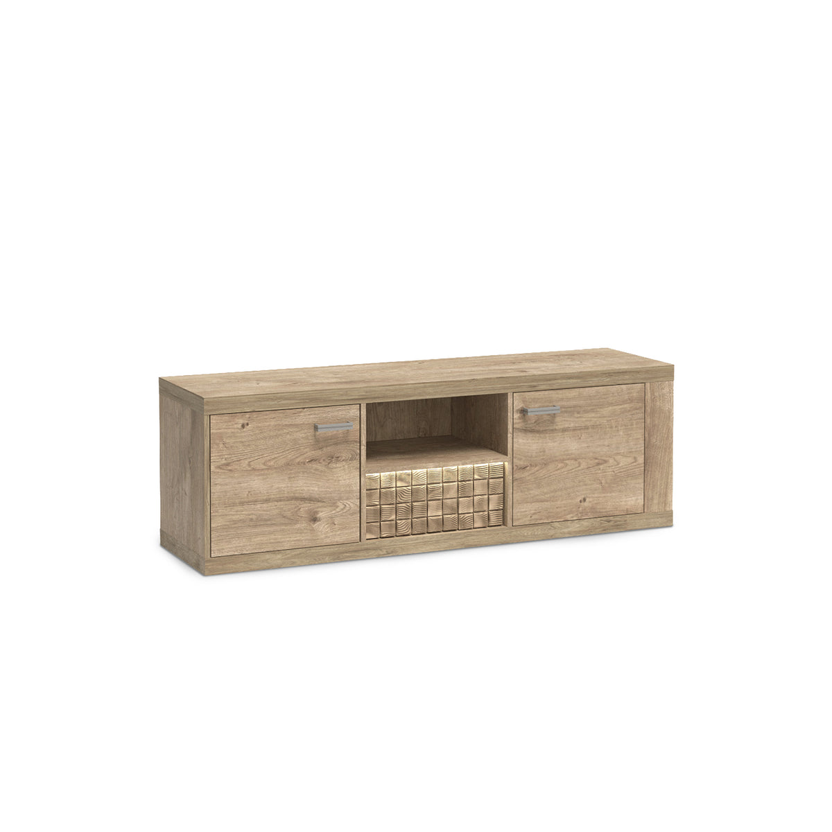 TV-Schrank Korin 151x51 mit LED – warmes Licht über der geriffelten Schubladenfront, TV-Schrank mit LED