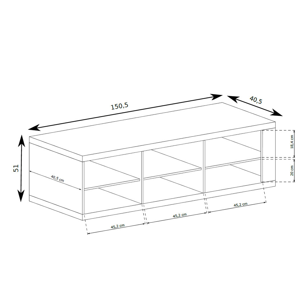 TV-Schrank Korin 151x51 – Maßzeichnung mit Breite, Höhe und Tiefe