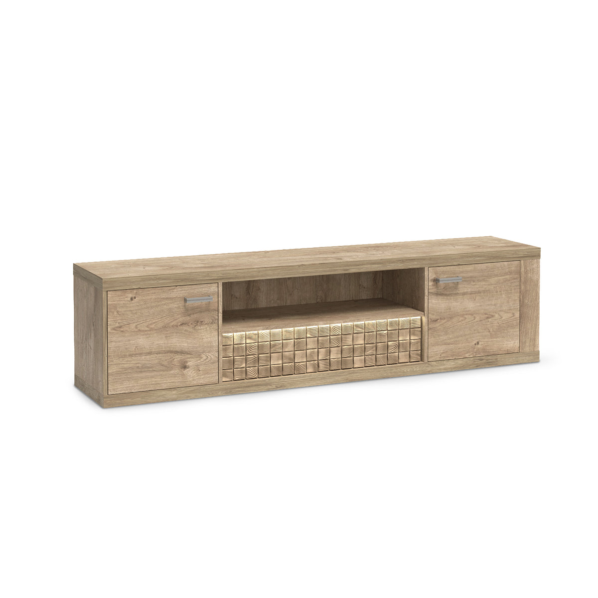 TV-Schrank Korin 196x51 mit LED – warmes Licht über der geriffelten Schubladenfront, TV-Schrank mit LED