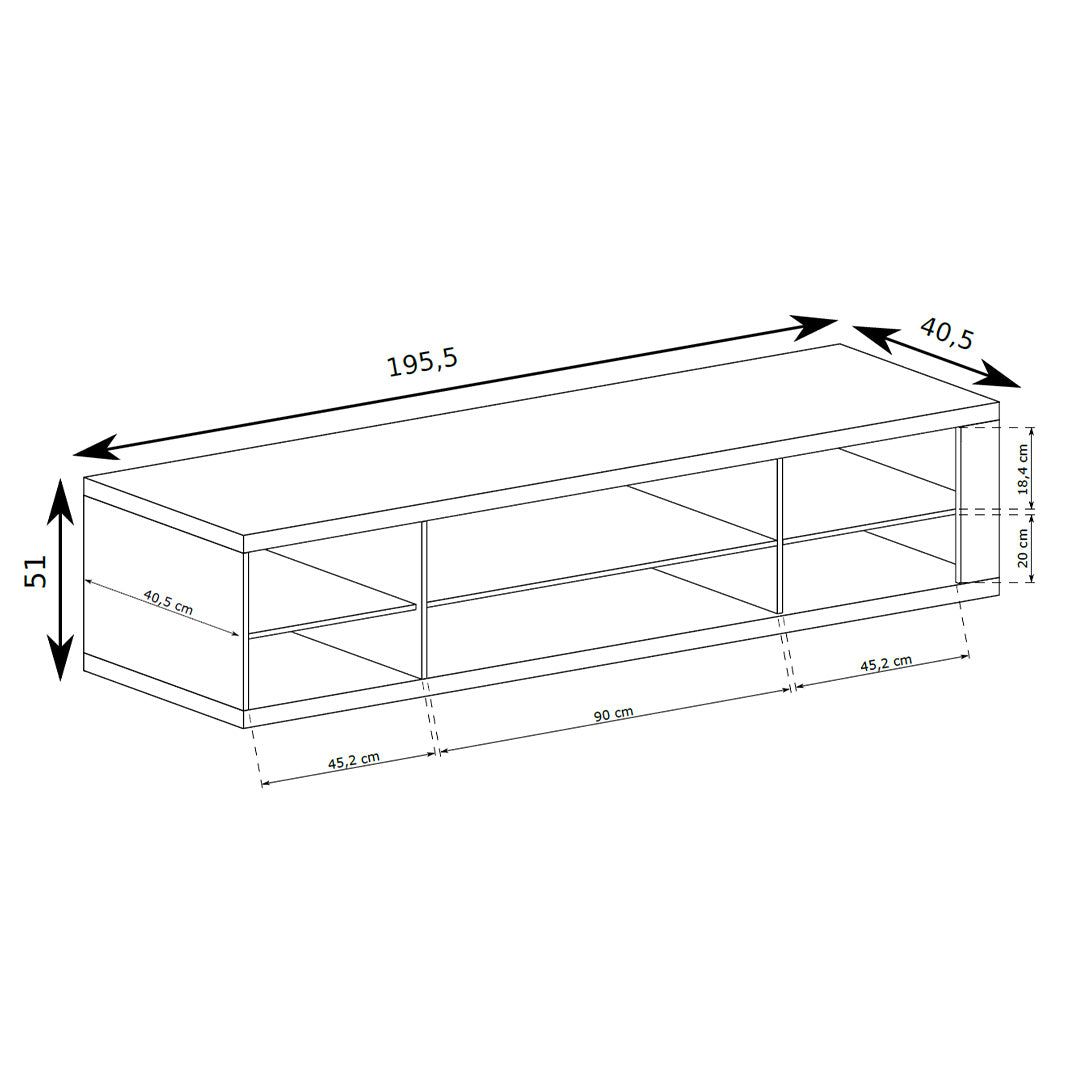 TV-Schrank Korin 196x51 – Maßzeichnung mit Breite, Höhe und Tiefe