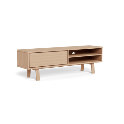 TV-Schrank Lurisse 160x50, gebleichte Eiche – Ansicht von der Seite, TV-Schrank mit einer Schublade und zwei offenen Fächern