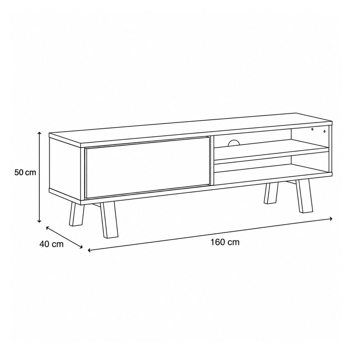 TV-Schrank Lurisse 160x50 – Maßzeichnung mit Breite, Höhe und Tiefe