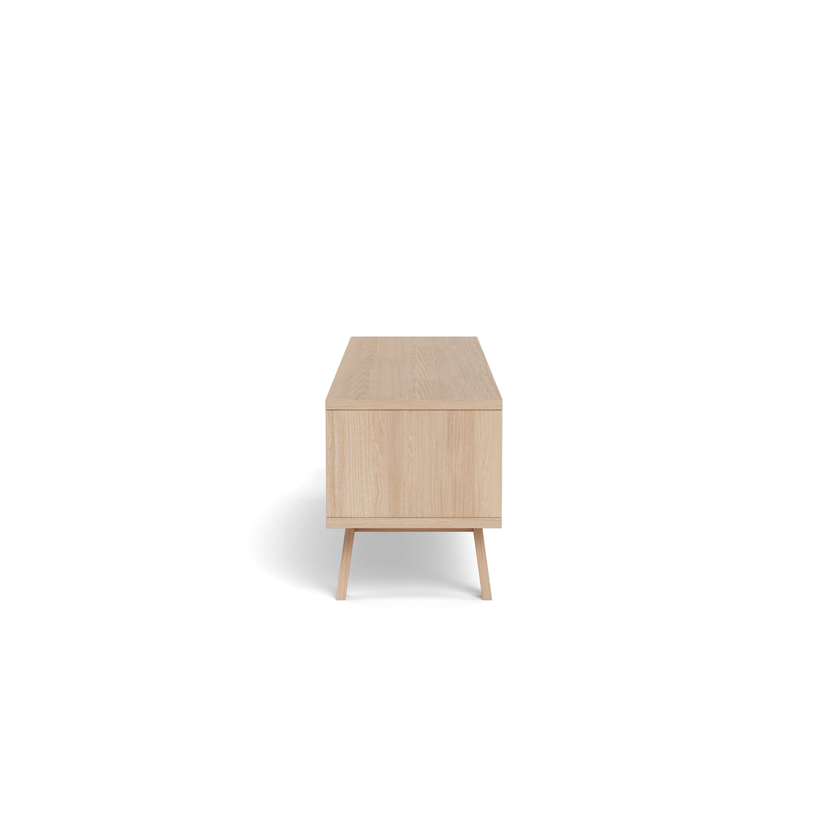 TV-Schrank Lurisse 180 x 50, gebleichte Eiche – Seitenansicht, niedriger TV-Schrank auf leicht schrägen Beinen