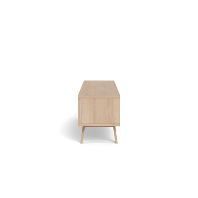 TV-Schrank Lurisse 180 x 50, gebleichte Eiche – Seitenansicht, niedriger TV-Schrank auf leicht schrägen Beinen