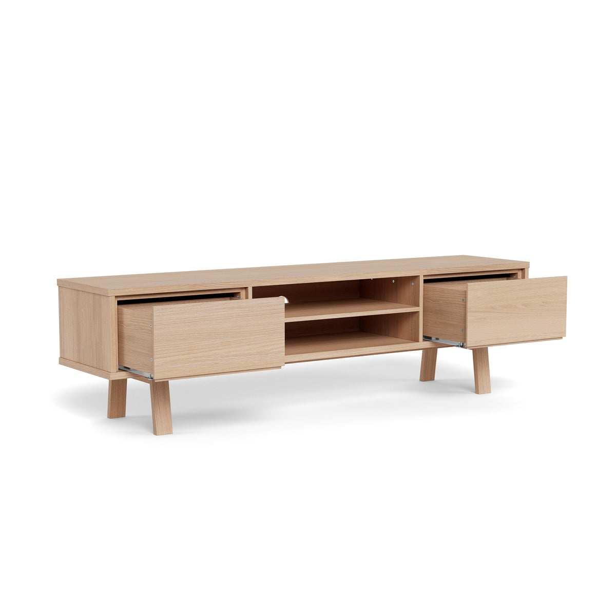 TV-Schrank Lurisse 180 x 50, gebleichte Eiche, mit ausziehbaren Schubladen – geräumiger TV-Schrank mit Push-to-Open-Funktion