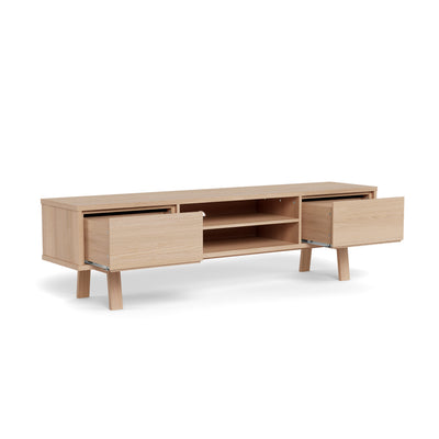TV-Schrank Lurisse 180 x 50, gebleichte Eiche, mit ausziehbaren Schubladen – geräumiger TV-Schrank mit Push-to-Open-Funktion