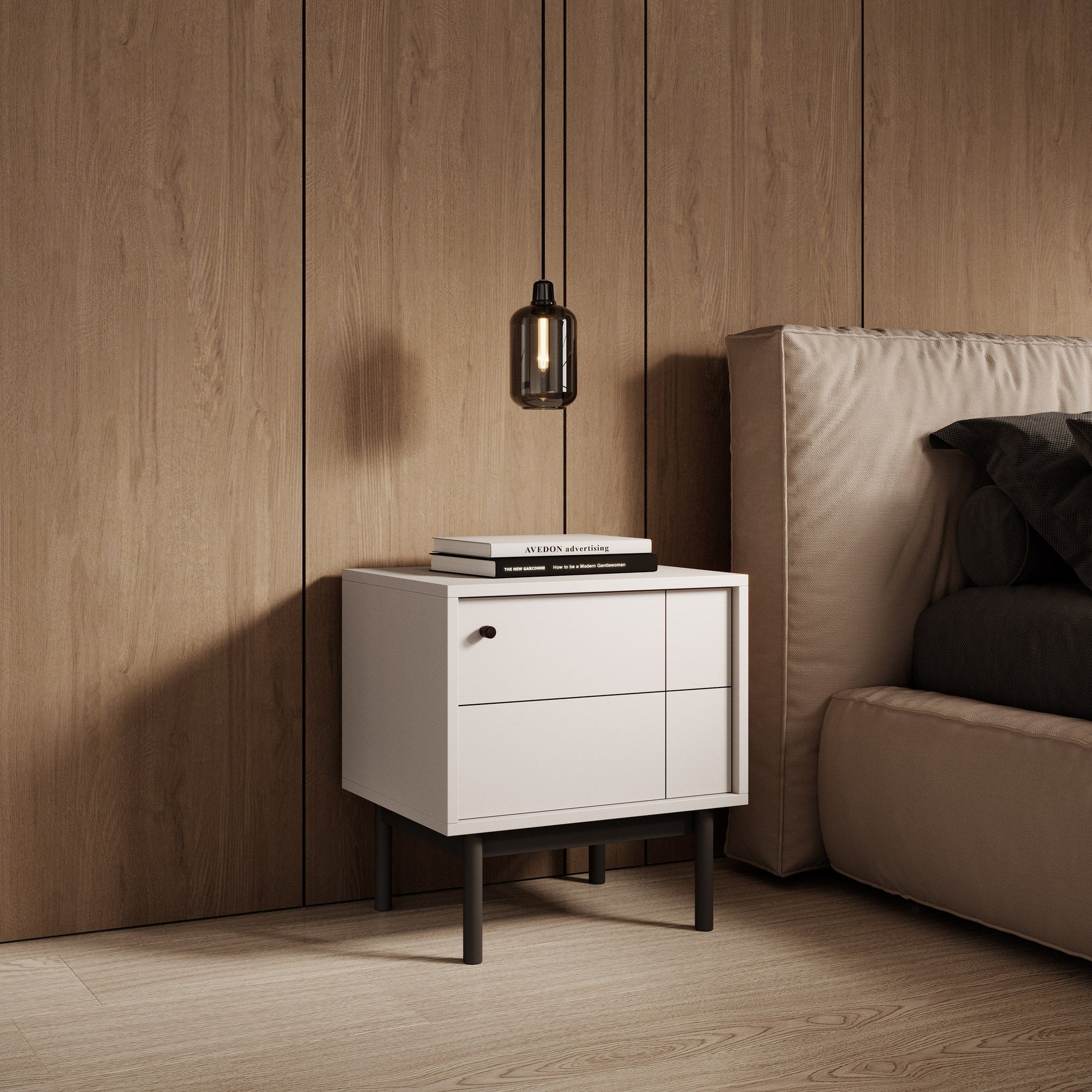 Szafka nocna z zamykaną szafką 54x57 cm w stylu japandi – cichy domyk Häfele, dąb Linea, cashmere | Sabi