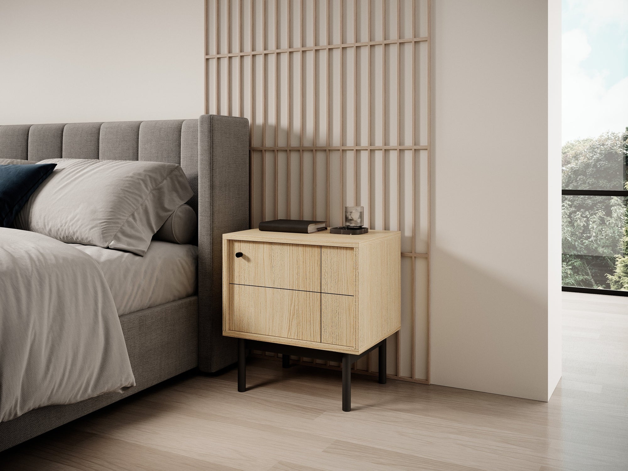 Szafka nocna z zamykaną szafką 54x57 cm w stylu japandi – cichy domyk Häfele, dąb Linea, cashmere | Sabi