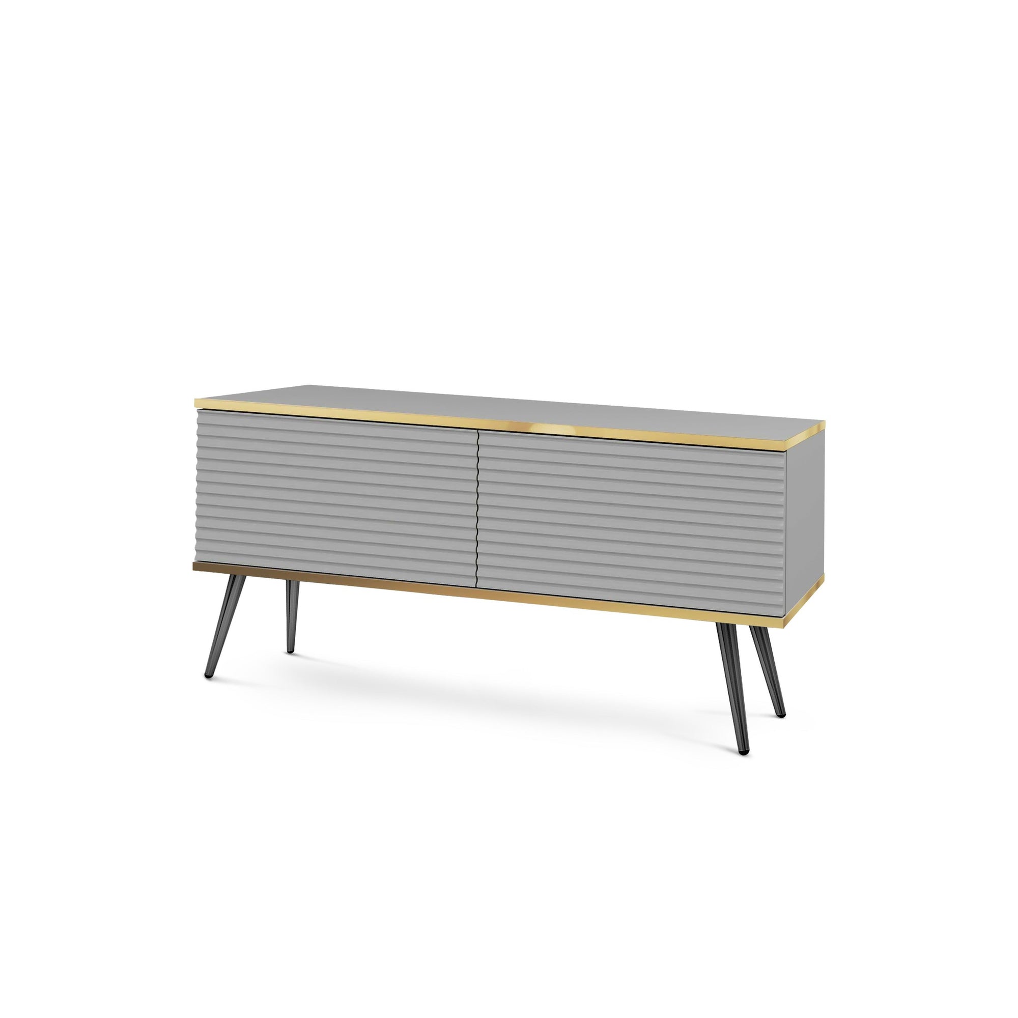 Szafka RTV 135x30 w stylu nowoczesnym - ryflowany front MDF, złote akcenty | Meva Szary Czarny