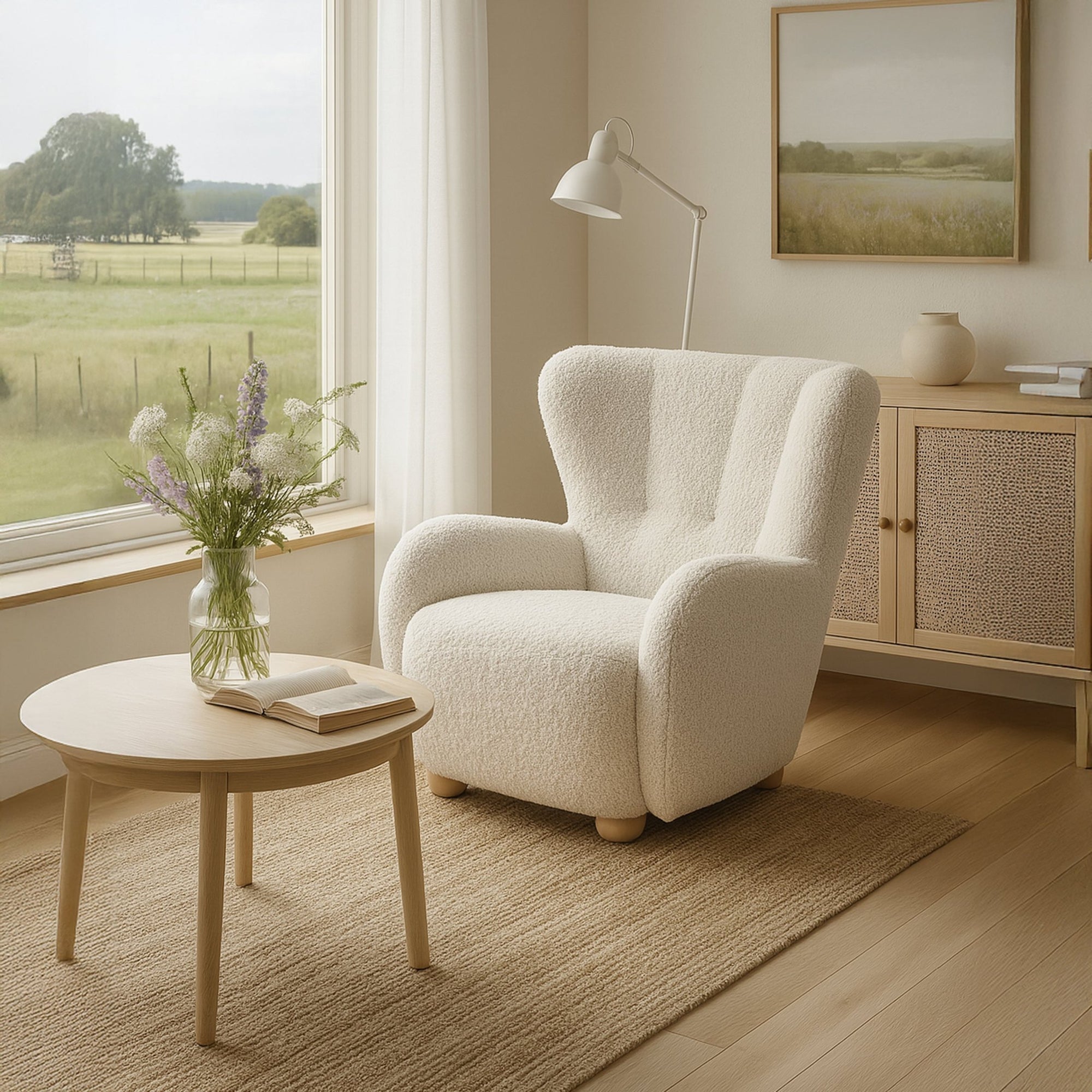 Fotel 88 cm do relaksu w stylu skandynawskim – tkanina ROLF bouclé, drewniane nogi | Tedi
