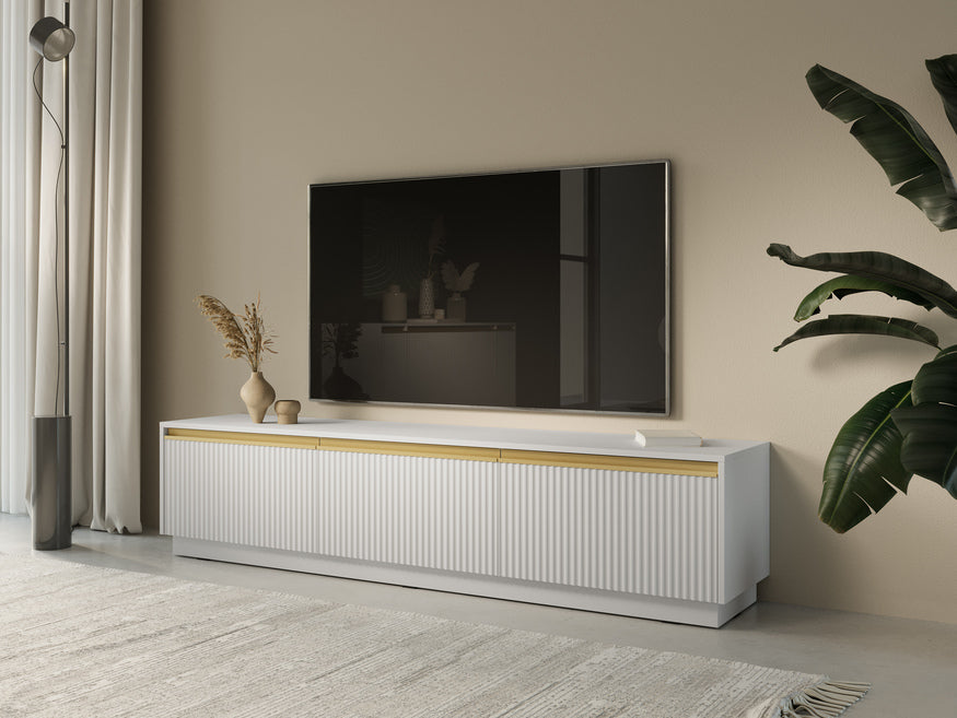 Szafka RTV 180x42 - ryflowane fronty, 3 szafki, złote akcenty | Westa