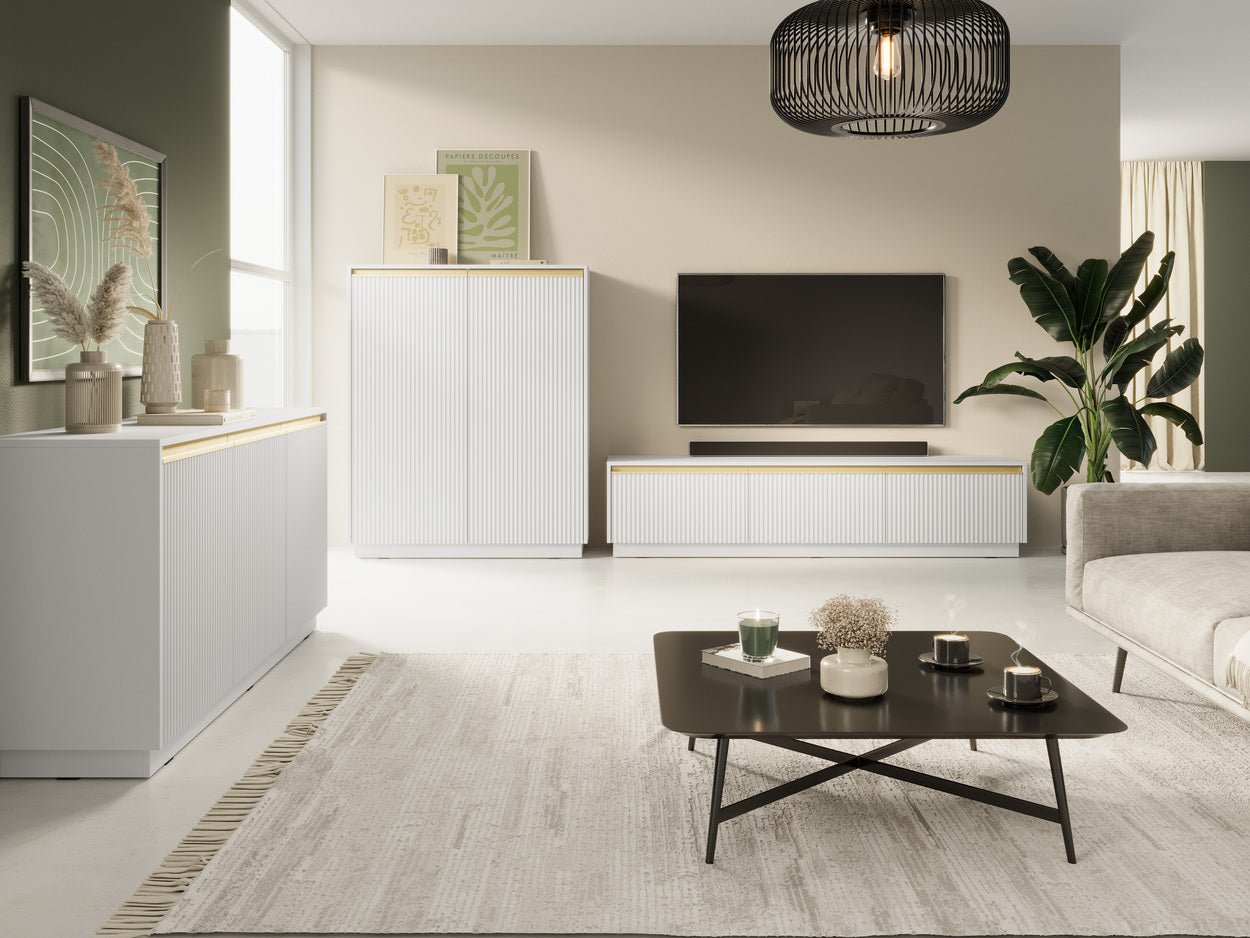 Komoda 154x72 w stylu nowoczesnym - frezowane fronty MDF, złote uchwyty, cichy domyk | Westa