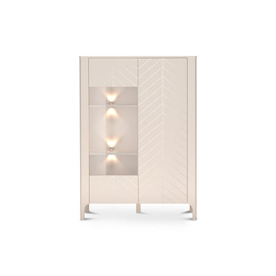 Vitrine EKLIPSO 103x145 mit Glaseinsatz im modernen Stil, Farbe Kaschmir – Vorderansicht mit LED-Beleuchtung | Pillovely