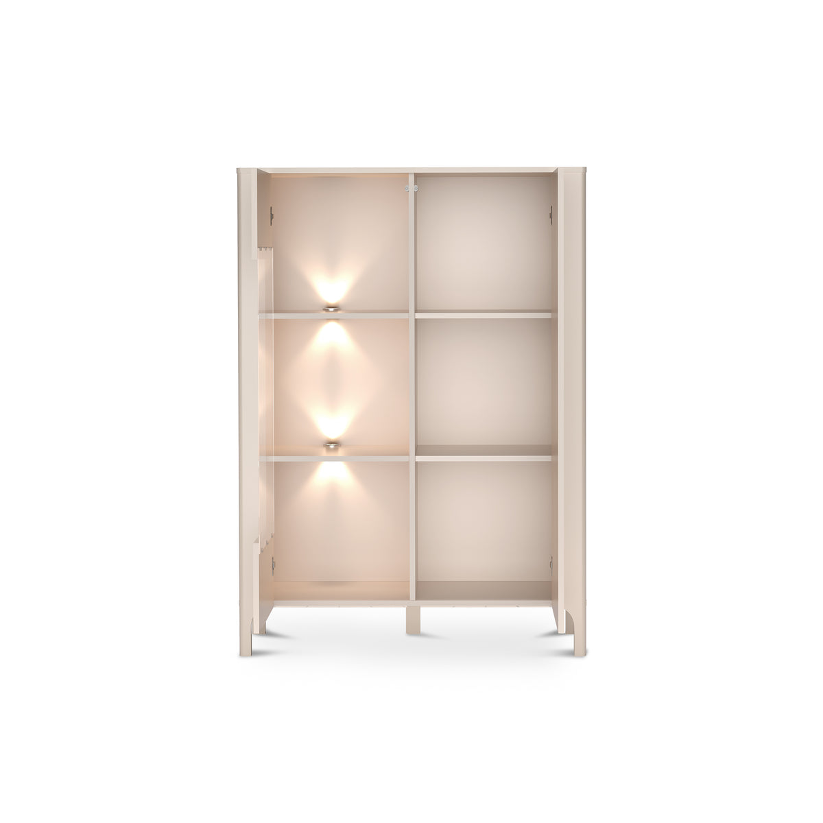 Vitrine EKLIPSO 103x145 mit Glaseinsatz im modernen Stil, Farbe Kaschmir – geöffnet mit LED-Beleuchtung | Pillovely