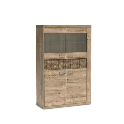 Vitrine Korin 102x160 in Eiche – Vitrine mit zwei Glastüren, Schublade und Unterschrank, Schrägansicht
