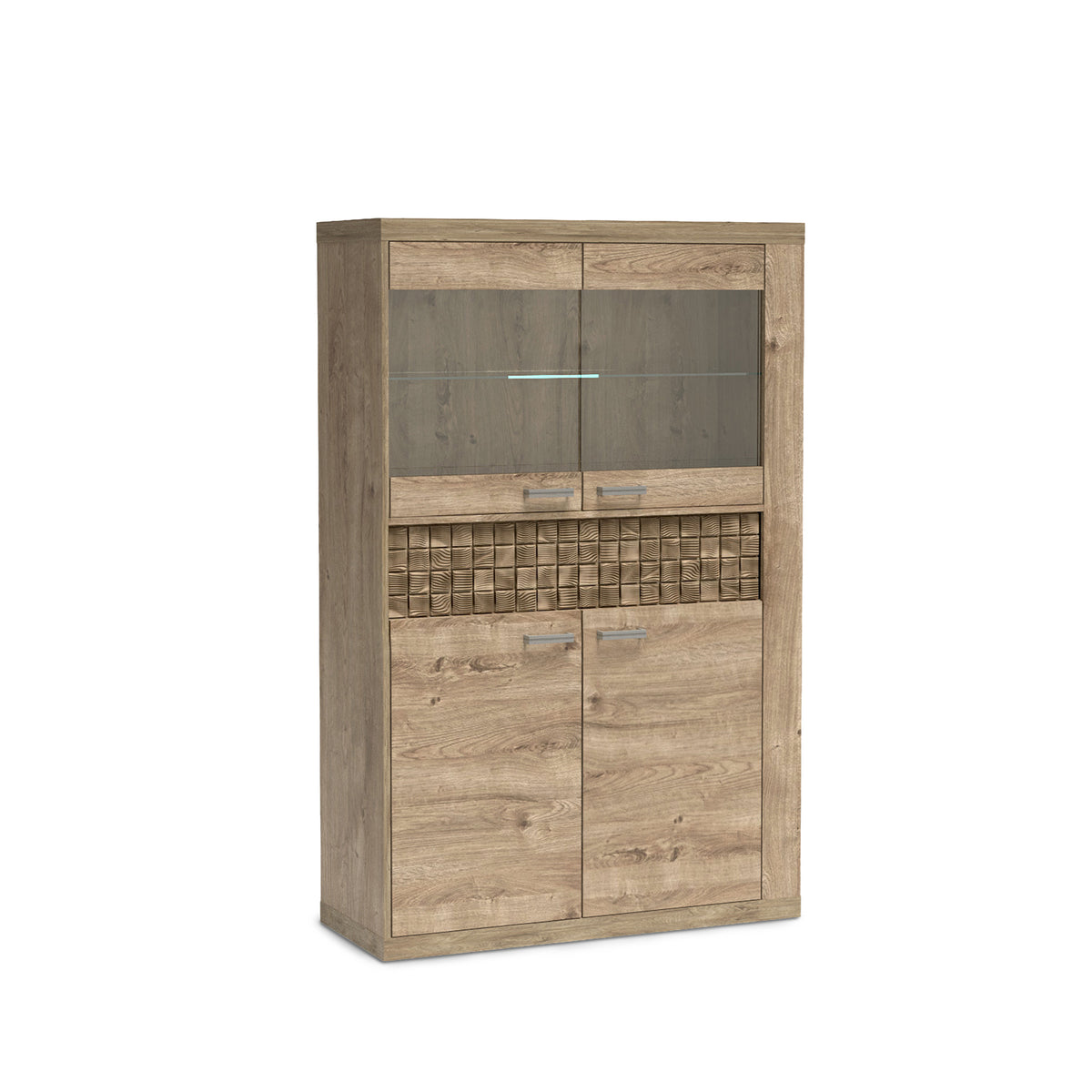Vitrine Korin 102x160 in Eiche mit LED in den Einlegeböden – beleuchtete Glasböden, Schrägansicht