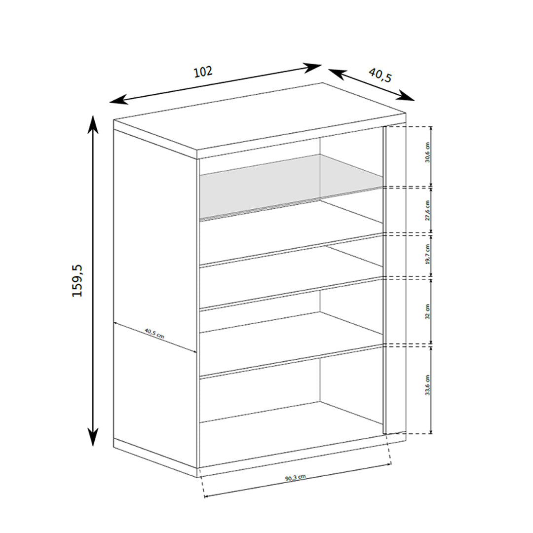 Vitrine Korin 102x160 – Maßzeichnung mit Breite, Höhe und Tiefe